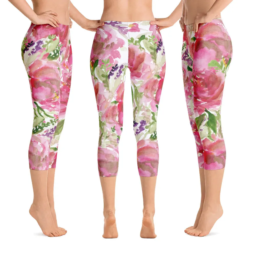 Pink Flower Women's Capris Tights, Princess Rose Floral Designer Casual 38–40 UPF Capri Leggings Activewear Outfit - Made in USA/EU/MX (US Size: XS-XL)