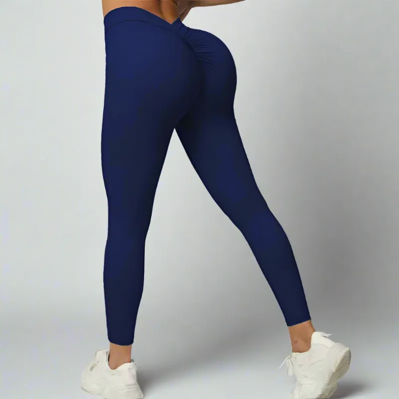 Solid Color Stretchy Back V-Cut Ruched Booty High Waisted Leggings