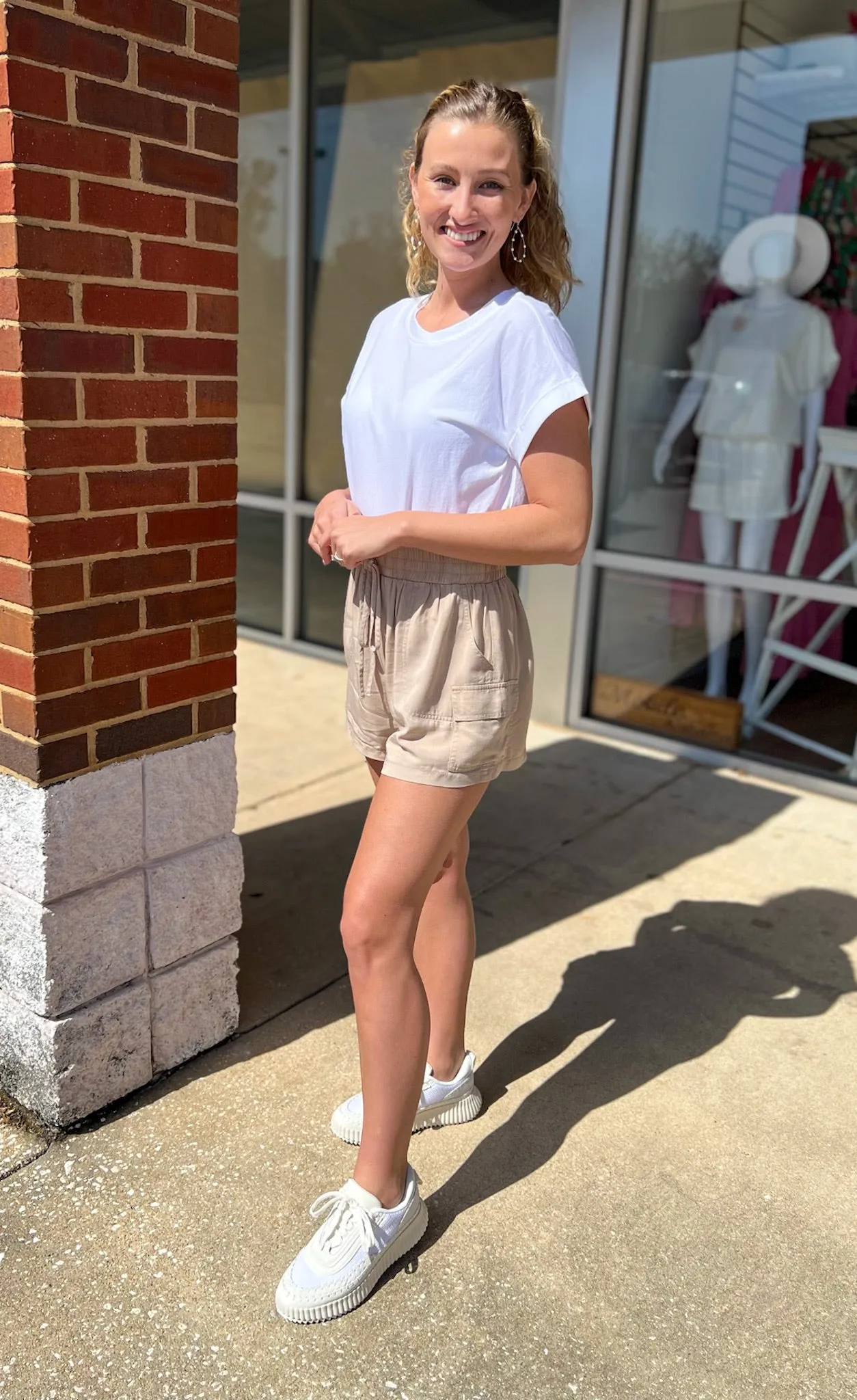 Step at a Time Taupe Drawstring Elastic Waist Shorts with Pockets