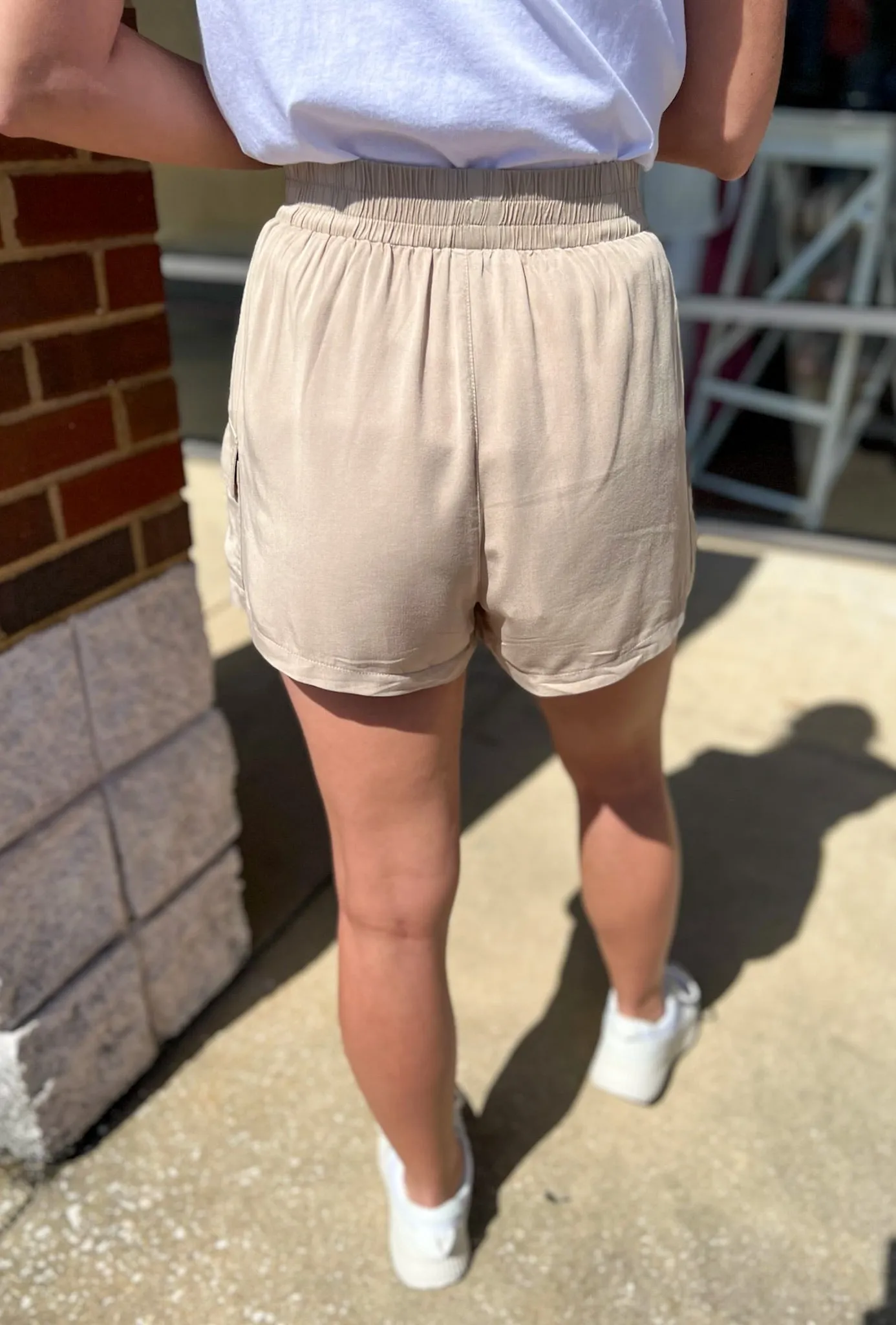 Step at a Time Taupe Drawstring Elastic Waist Shorts with Pockets
