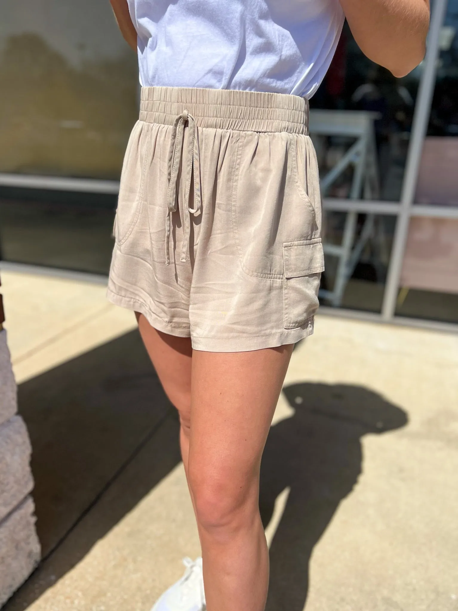 Step at a Time Taupe Drawstring Elastic Waist Shorts with Pockets