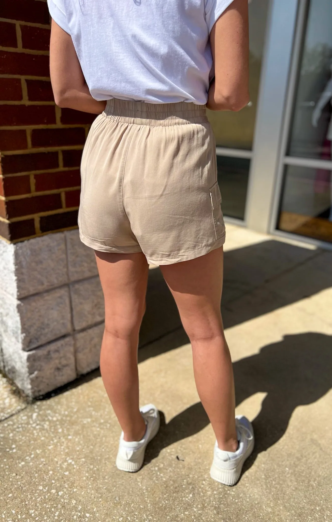 Step at a Time Taupe Drawstring Elastic Waist Shorts with Pockets
