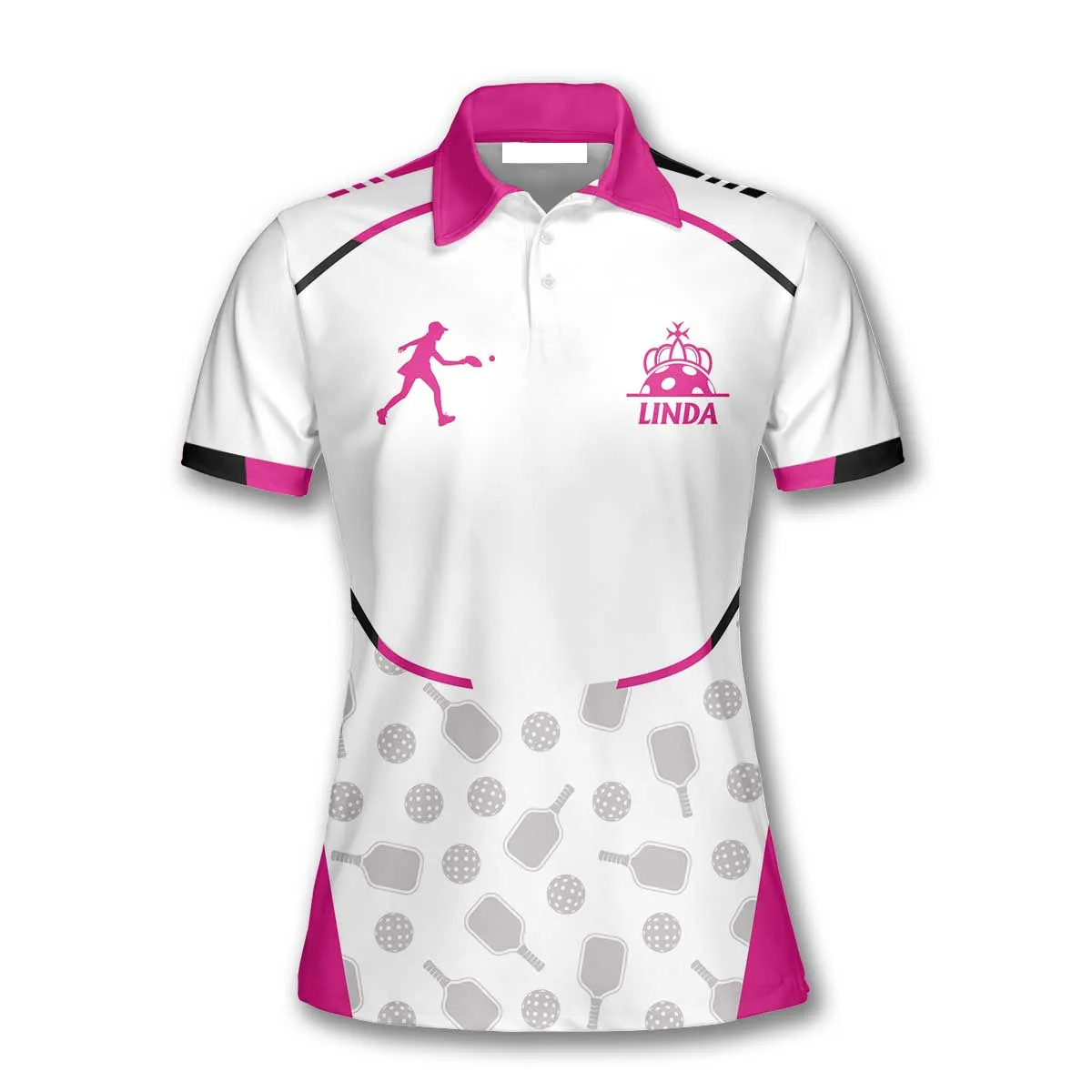 White And Pink Sporty Pickleball Pattern Custom Name Polo Shirts For Women