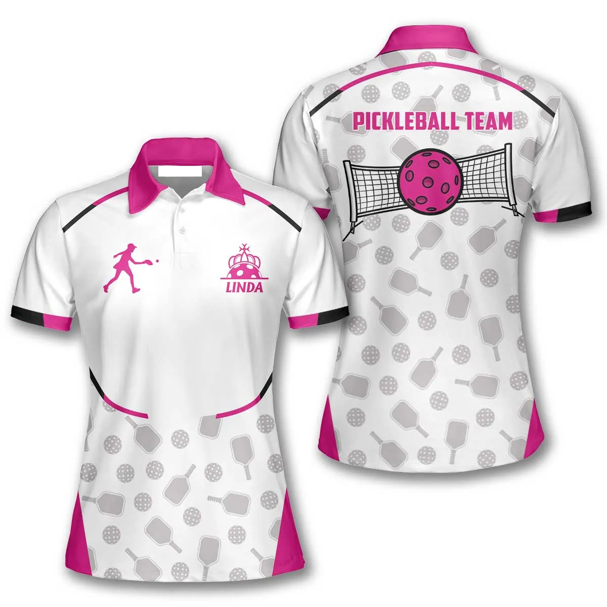 White And Pink Sporty Pickleball Pattern Custom Name Polo Shirts For Women