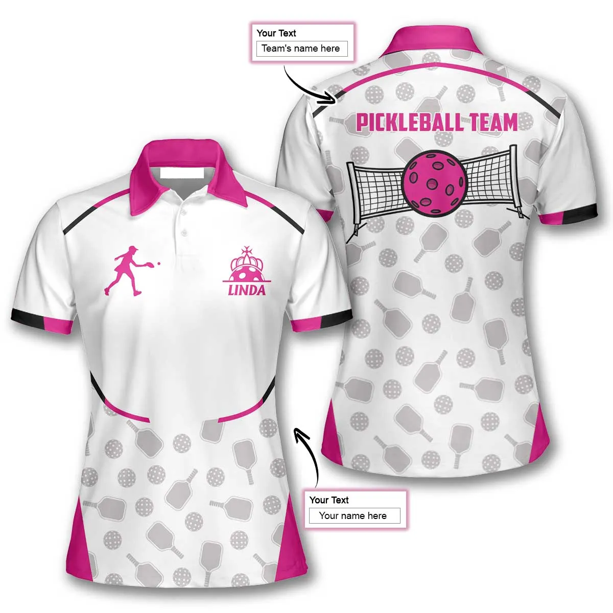 White And Pink Sporty Pickleball Pattern Custom Name Polo Shirts For Women